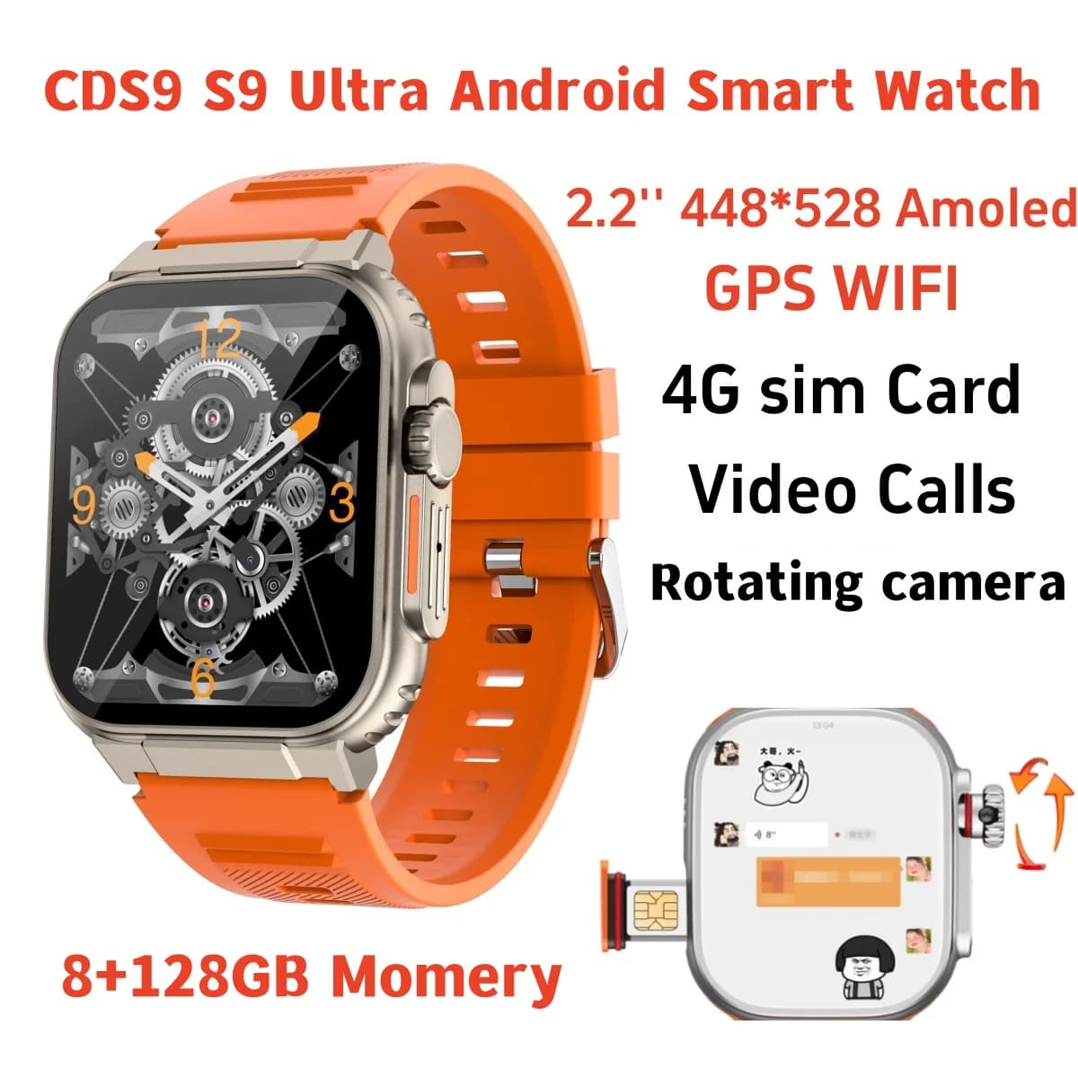Original S10 Smart Watch 4G/5G Network SIM Card Android System 180° Camera WIFI GPS Smartwatch Men 8GB+128GB 2.2" AMOLED Screen