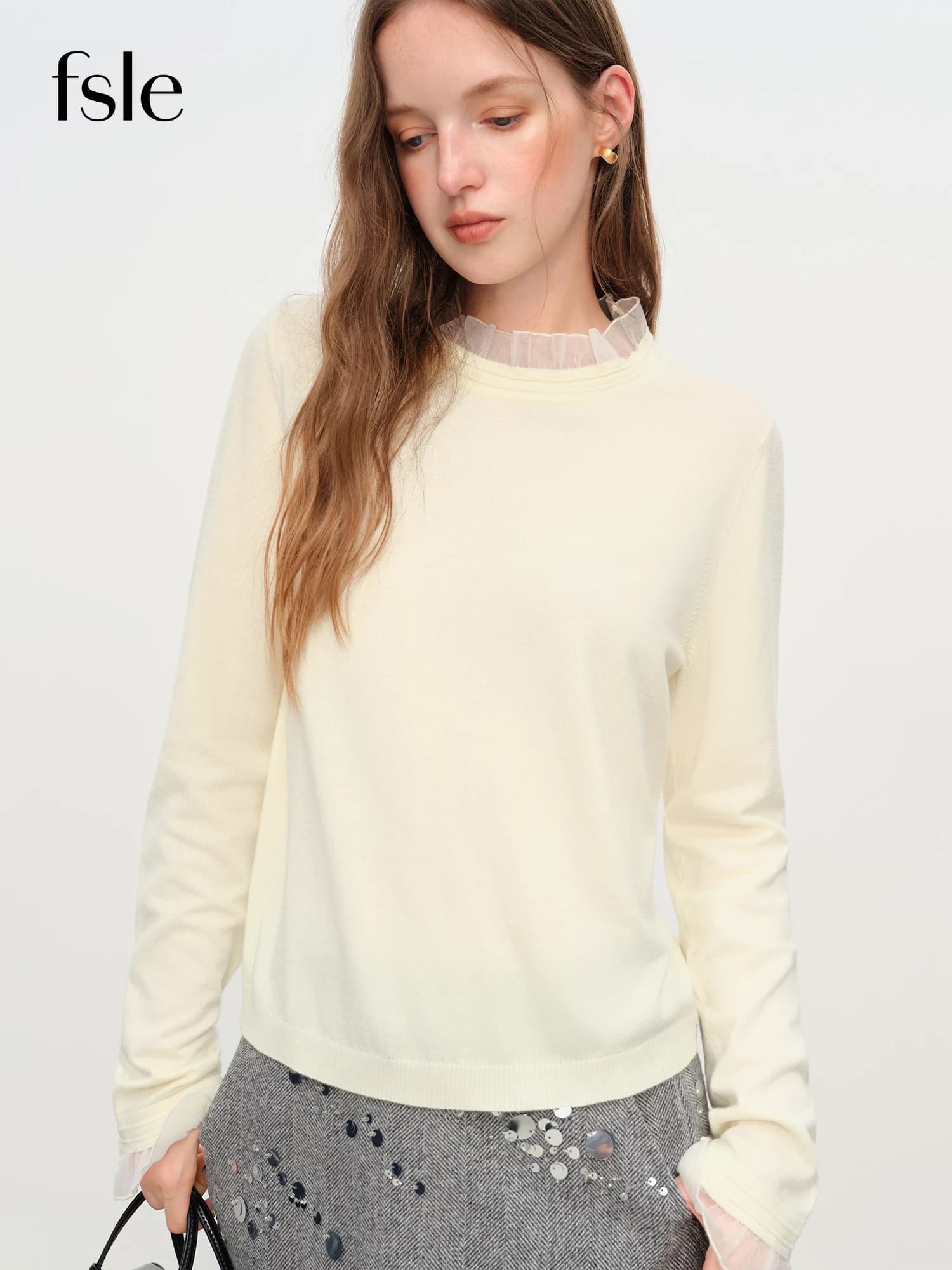 FSLE 2025 Top da donna in maglia con collo a lupetto - Dettaglio rifiniture con volant Stratificazione Fiocco Strato base autunno inverno con vestibilità morbida ed elasticizzata