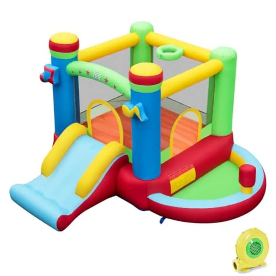 Castello Gonfiabile a Tema Musicale con Scivolo, Piscina di Palline, Canestro da Basket e Sacco da Boxe per Bambini da 3 a 12 Anni