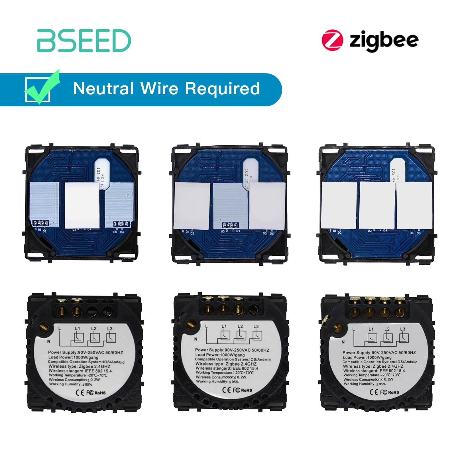 BSEED Zigbee Interruttori 1/2/3Gang 1/2/3Way Touch Smart Interruttore Della Luce Funzione Parte Intelligente Tuya Alexa Controllo Senza Vetro Neutro