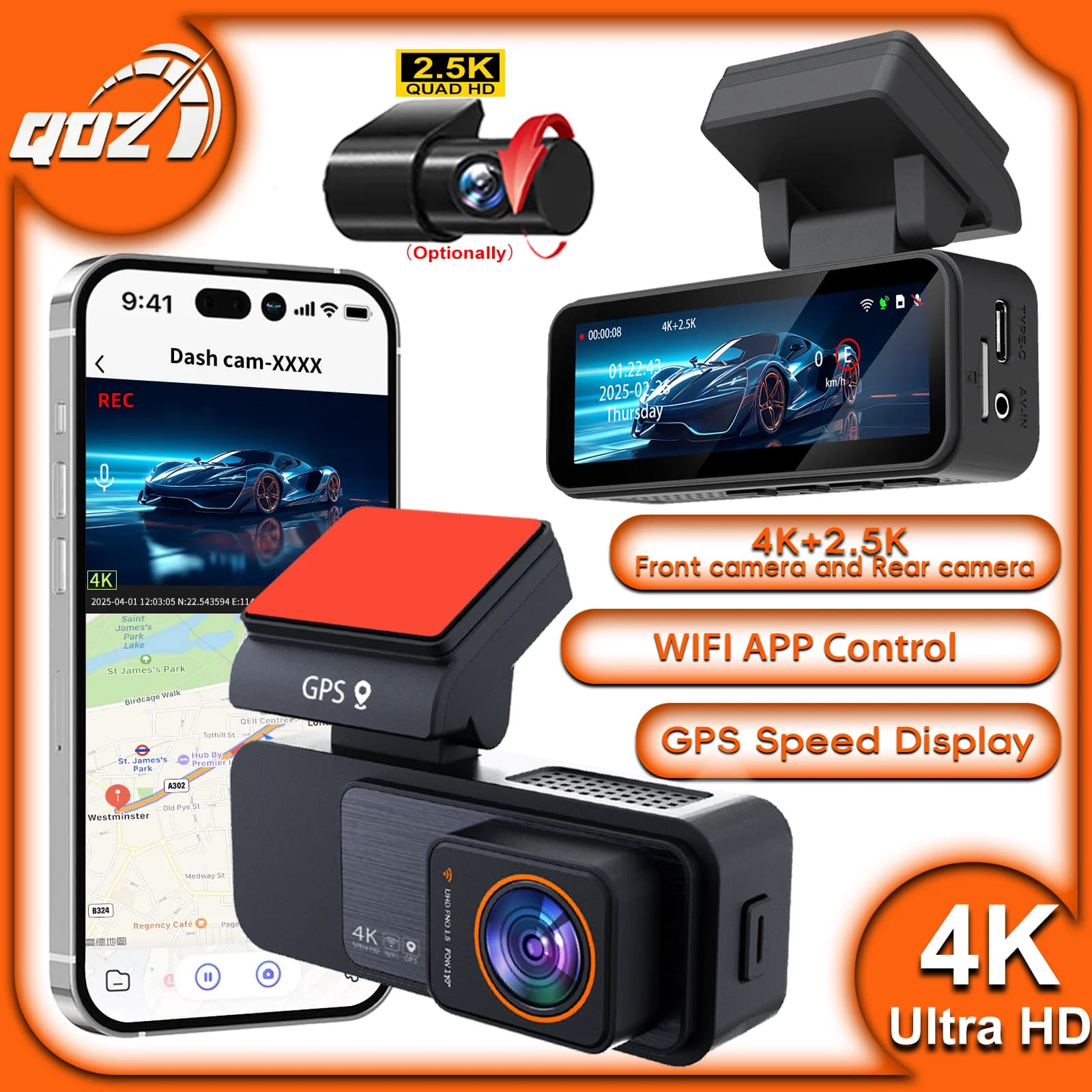 QOZ 4K Dash Cam Dual Target DVR Driving Recorder for Car 2.5K Camera with Built-in WiFi Rear lens GPS Monitoring Parking 24/7 Black Box