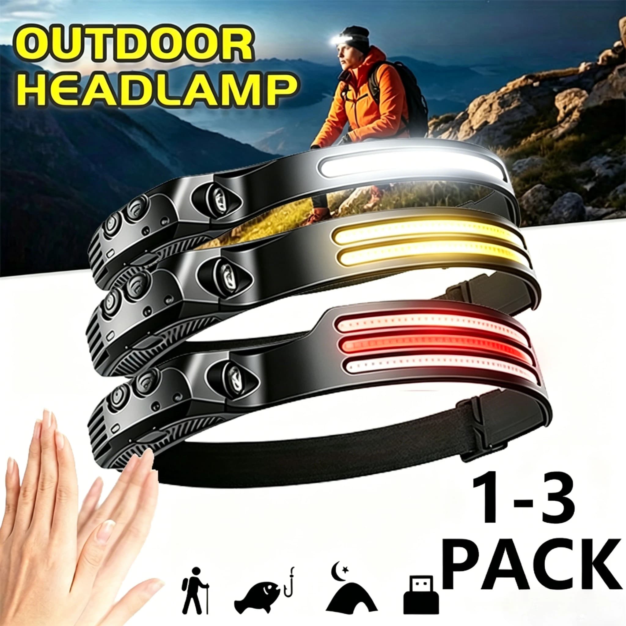 Lampada Frontale LED Super Luminosa con Sensore di Movimento, Ricaricabile, 5 Modalità di Illuminazione, Impermeabile, per Pesca, Campeggio, Escursionismo