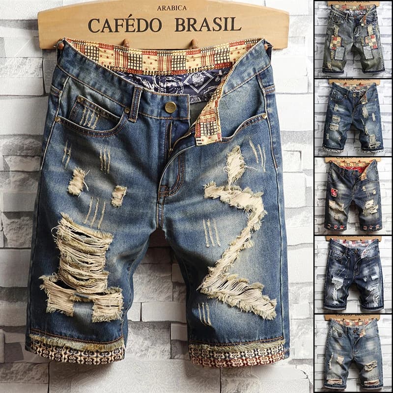 Men's Style Hip-hop Denim Shorts, Summer Fashion, Jeans Larghi con Patchwork, Consumed Effect, Ginocchio Length, Vintage Y2K Streetwear