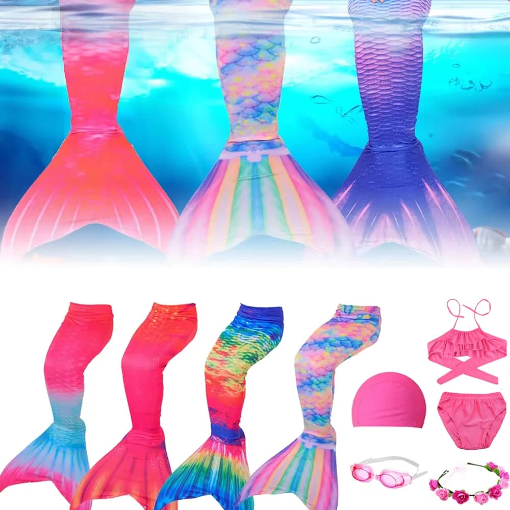 6 pieces siren tail for girls swimsuit swimsuit bikini princess set with glasses hat garland bra shorts