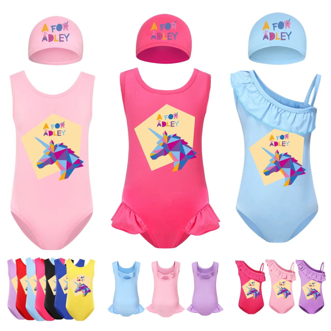 A for Adley Swimwear Kids One Piece Beach Wear with cap 2 pieces set Toddler Girls swimsuit Kids Summer Sleeveless Swimming