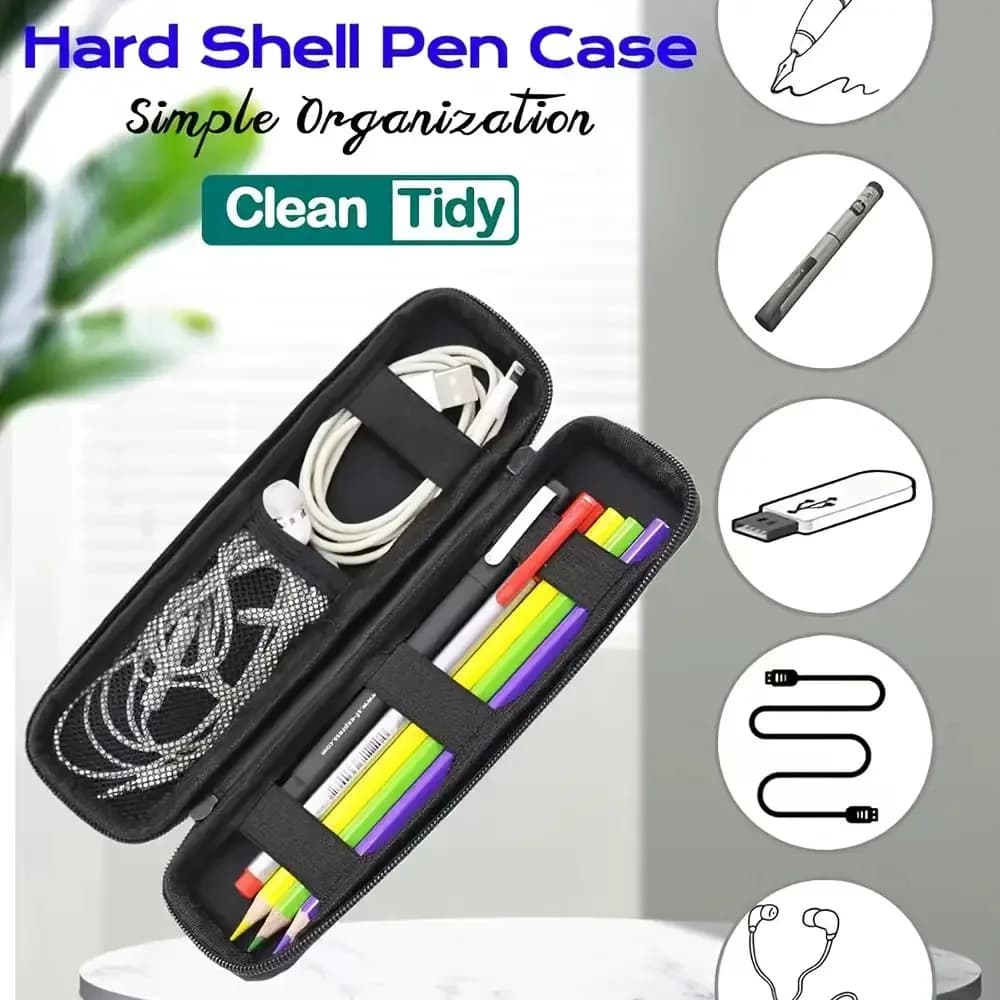Black EVA Hard Shell Stylus Pen Case Zipper Pencil Bag with Mesh Pocket for Earphones Office School Stationery Storage