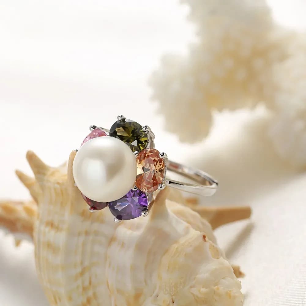 HENGSHENG Anelli nuziali con fiori colorati Gioielli di alta qualità Anelli in argento sterling 925 regolabili con grandi perle naturali per le donne