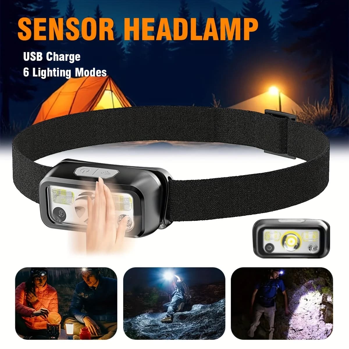 Powerful COB LED Front Lamp with Sensor, USB Rechargeable, Built-in Battery, 6 Modes, Waterproof, for Fishing and Open Activity