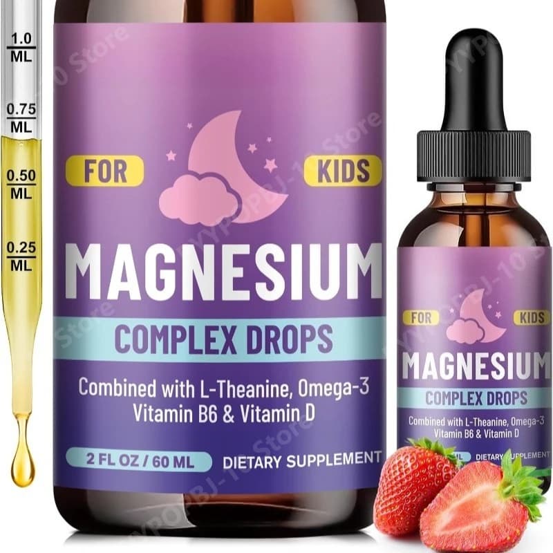 Gocce Liquide di Magnesio Glicinato per Bambini con L-teanina, Omega-3, Vitamina B6 e D3 per Sonno e Relax, 2 Fl Oz, Gusto Fragola