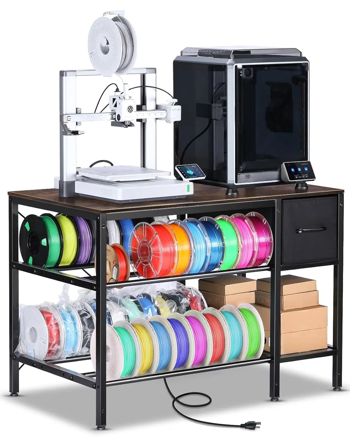 Supporto per Stampante 3D con Vano Porta Filamento, Scrivania Robusta con Cassetto, Marrone