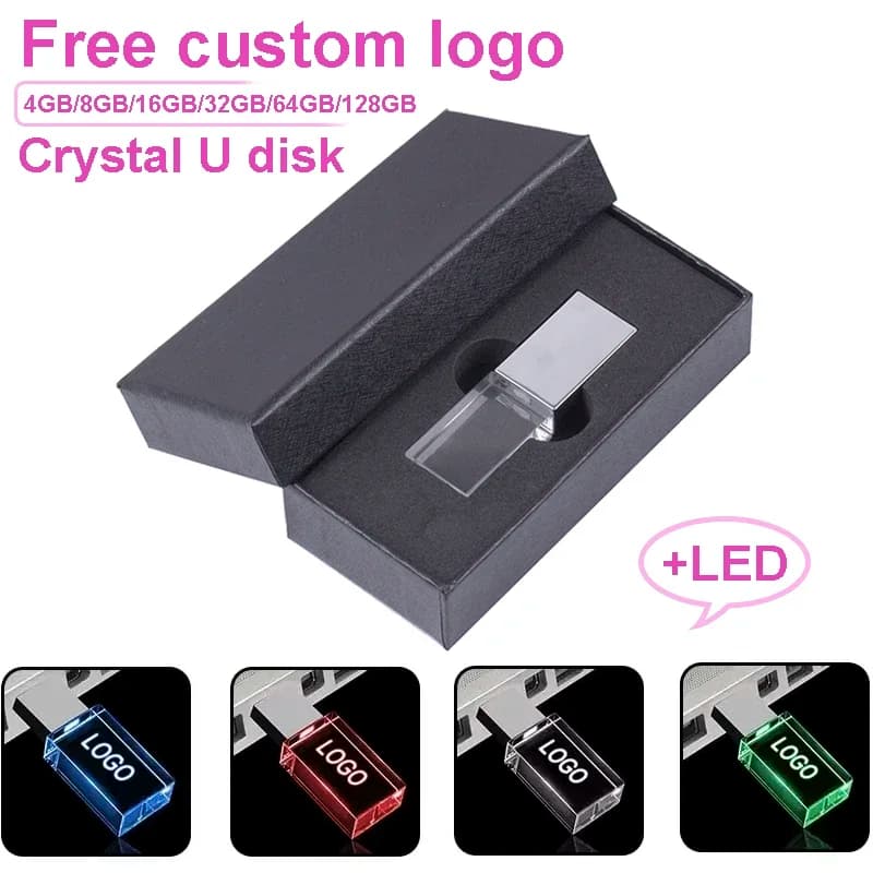 JASTER Chiavetta USB 2.0 con Scatola Nera e Cristallo, 128GB con Luce LED, Memoria USB 64GB, Pen Drive con Logo Personalizzabile, Regalo Creativo