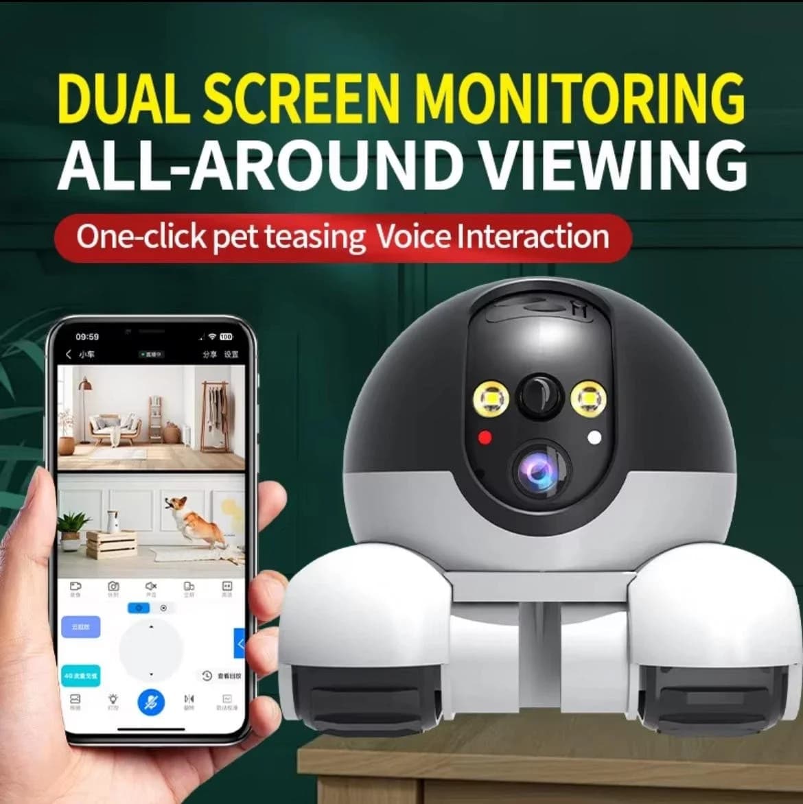 Telecamera intelligente IP Telecamere robot a doppio obiettivo con rotazione a 360 gradi Monitoraggio automatico Monitor remoto per animali domestici Conversazione bidirezionale Visione notturna