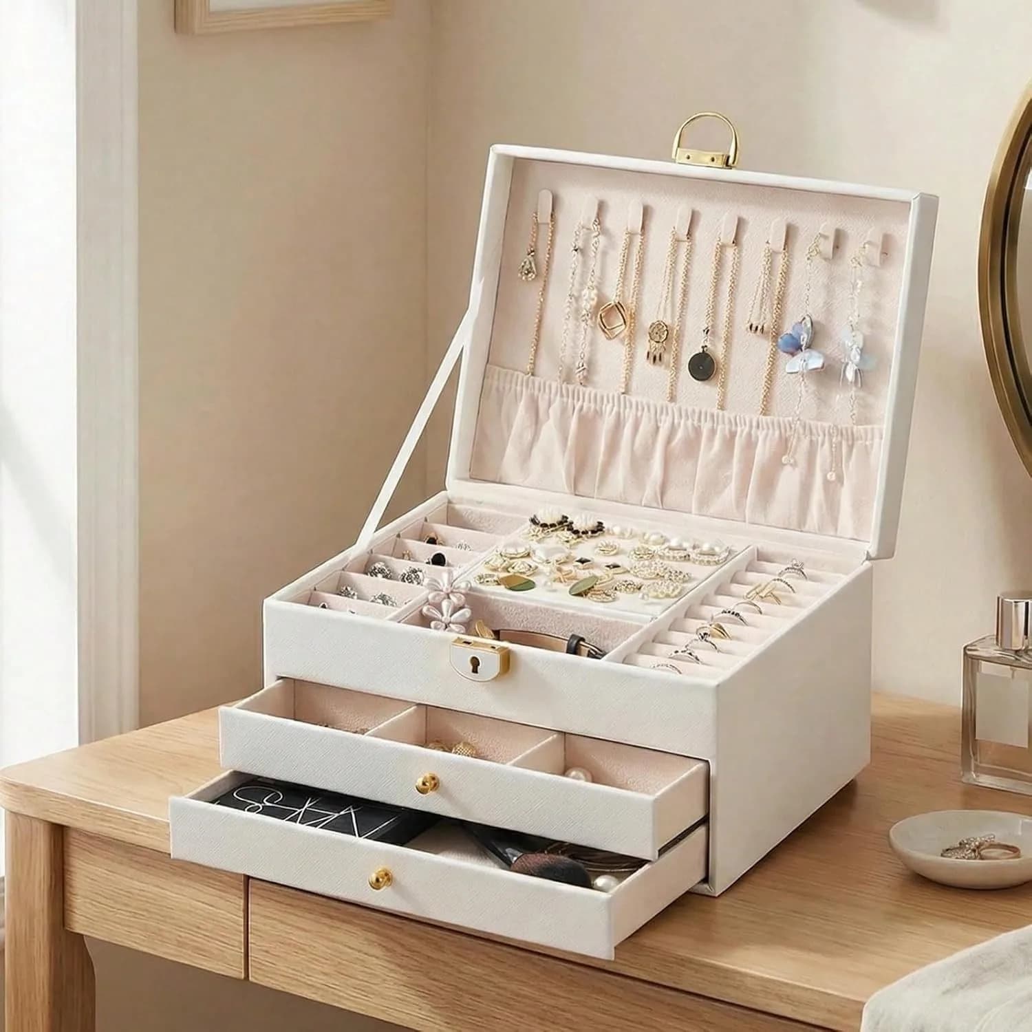 Portagioie a 3 livelli, portagioie con serratura e cassetto per gioielli, portagioie di grandi dimensioni e organizer con scomparto per orecchini in velluto, regali unici per donne e mamme