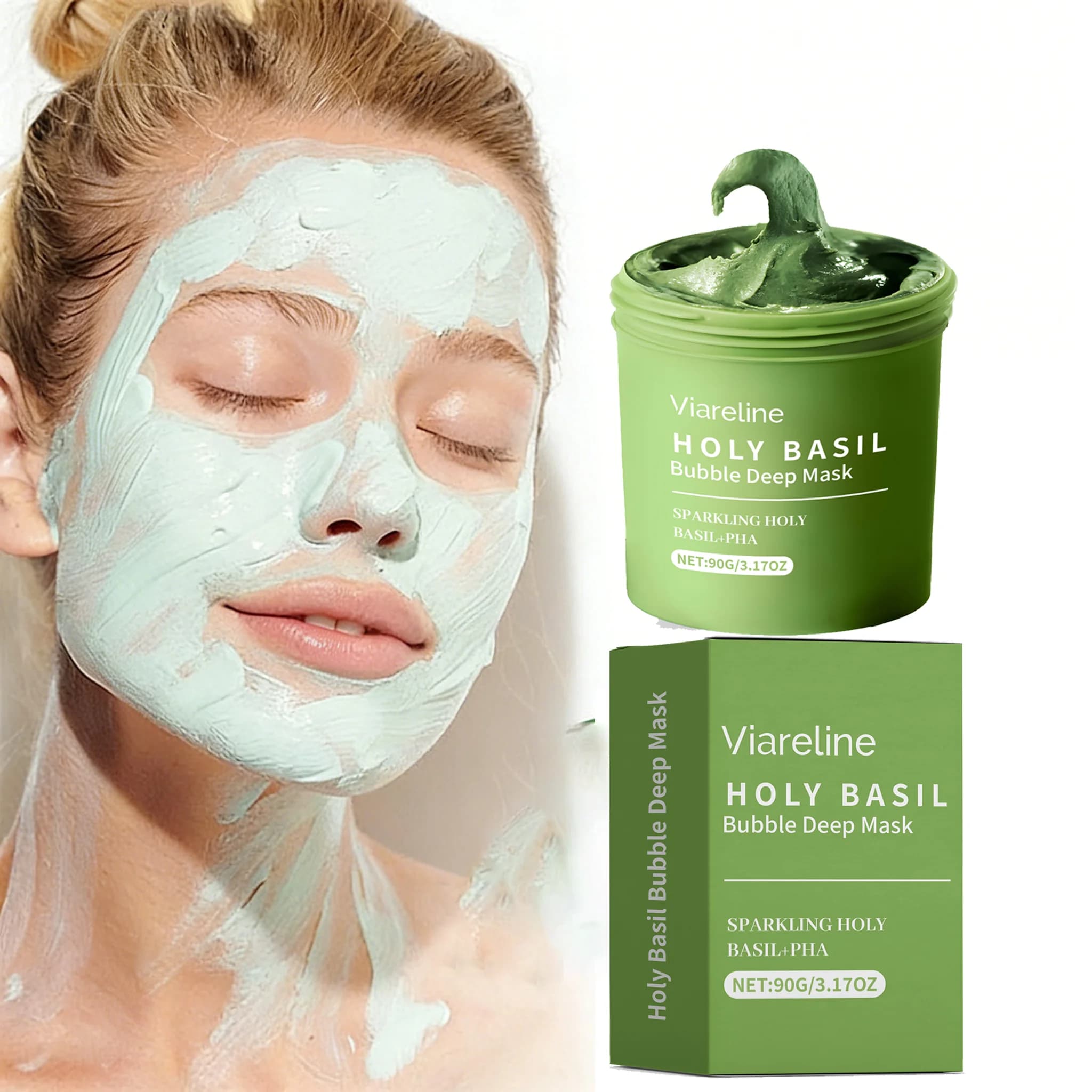 Maschera Viso Effervescente al Basilico Sacro: Pulizia Profonda, Esfoliante, Rimuove Punti Neri, Restringe i Pori, Controllo Oleosità, Idratante, Cura Delicata della Pelle