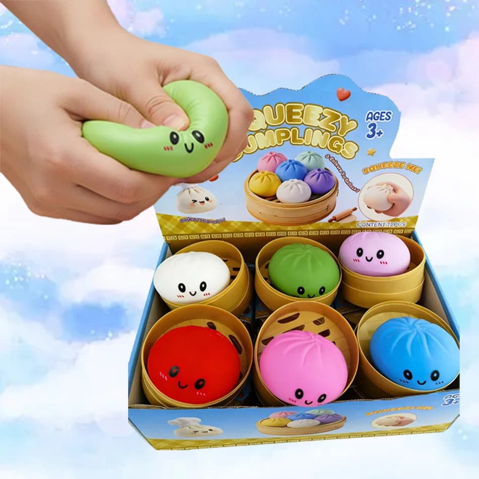 Squishies colorati a forma di raviolo - Giocattoli sensoriali antistress a simulazione di cibo con vaporiera, palline di pasta comprimibile per alleviare l'ansia