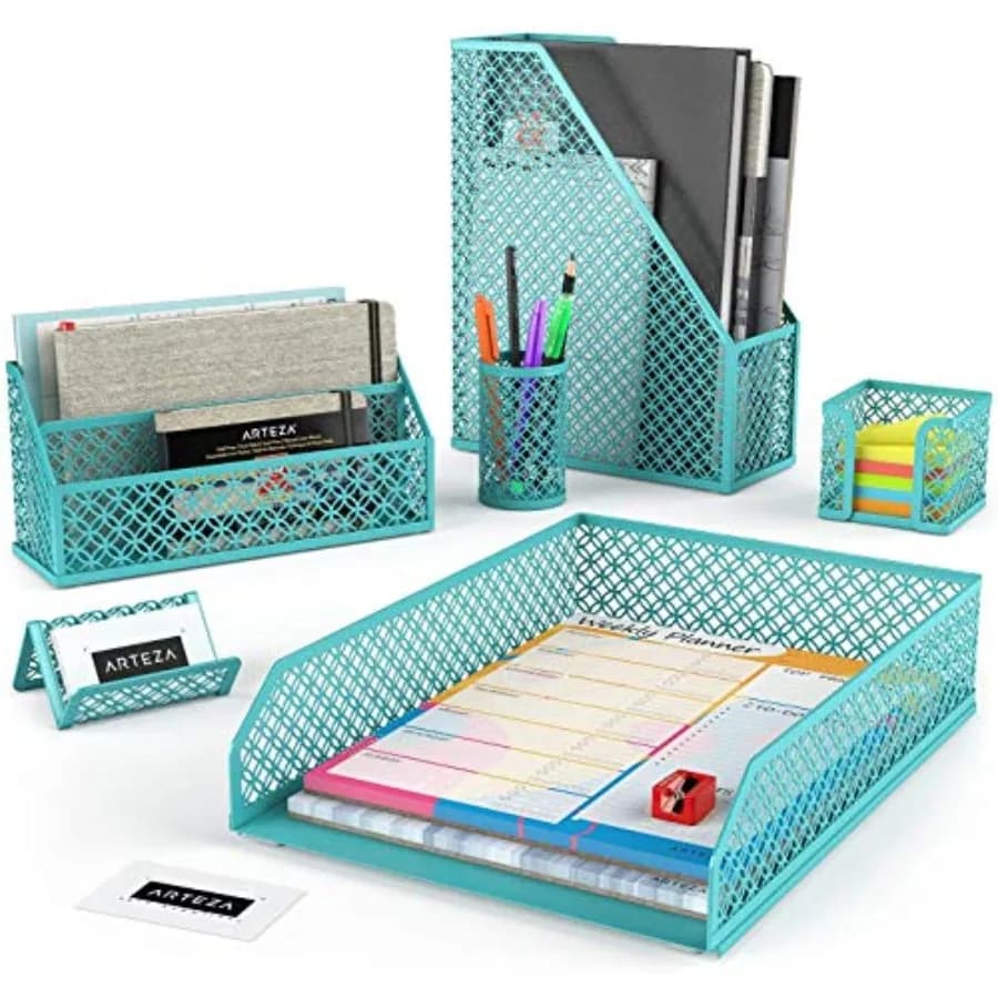 Set di 6 Accessori da Scrivania Color Teal, Organizzatore Essenziale per Casa e Ufficio, Include Porta Carta, Porta Matite, Porta Lettere