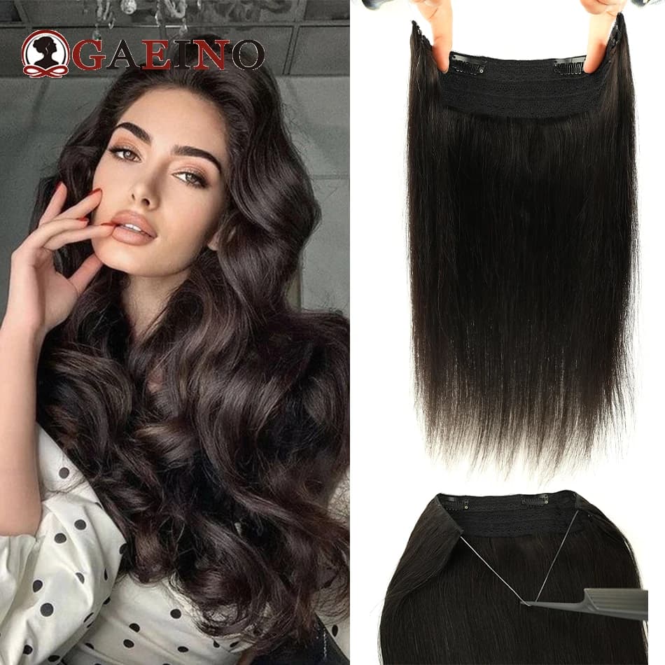 Gaeino Halo Hair Extension s Human Hair Clip In One Piece With Invisible Hair Extension Fish Line For Women 14-28 Inch