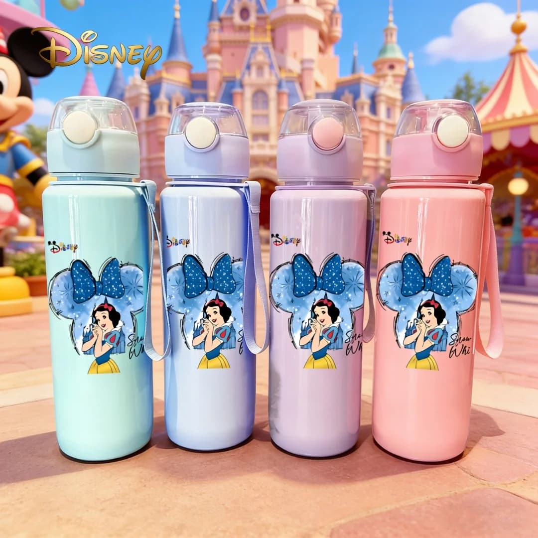 Disney bottle with Snow White pattern, new button cover, popular cartoon design, fun and childish, fading resistant, reusable
