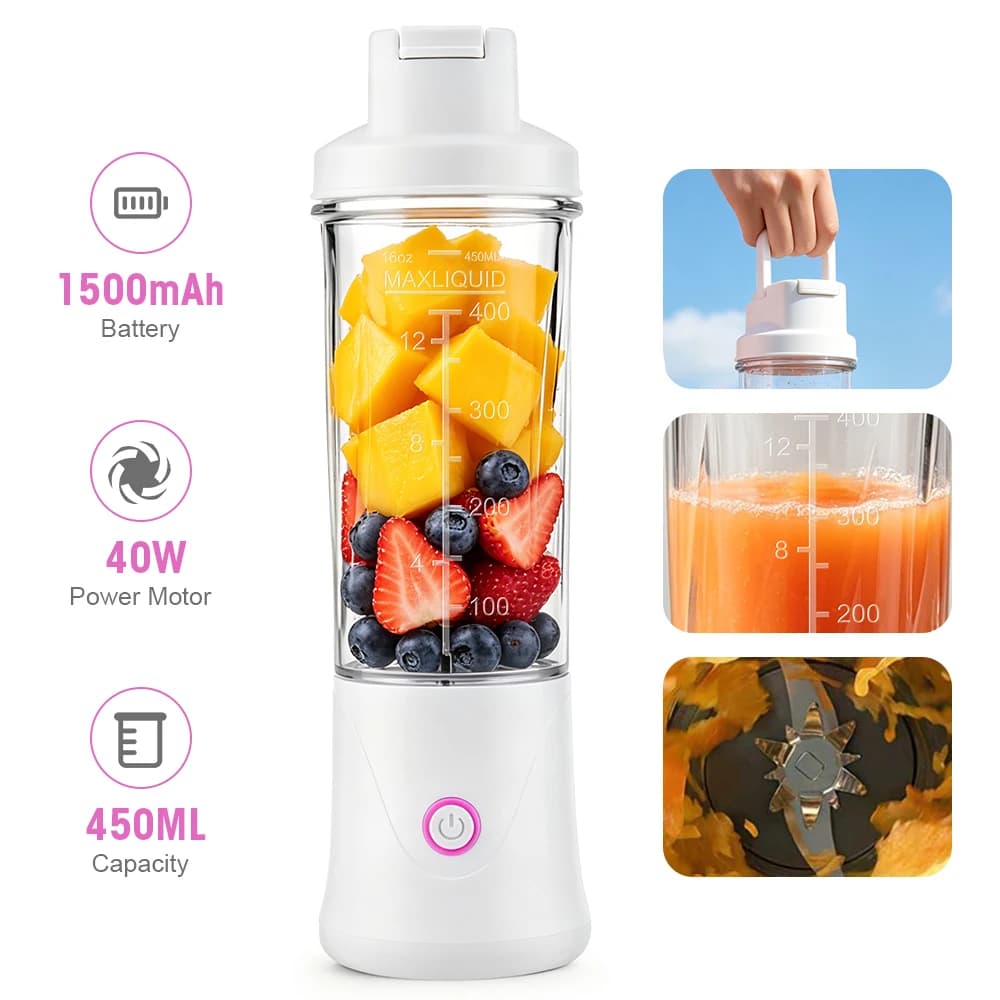 Frullatore portatile per frutta, mini frullatore elettrico da 450 ml, 12 lame, ricaricabile, per frullati e smoothie, tritaghiaccio