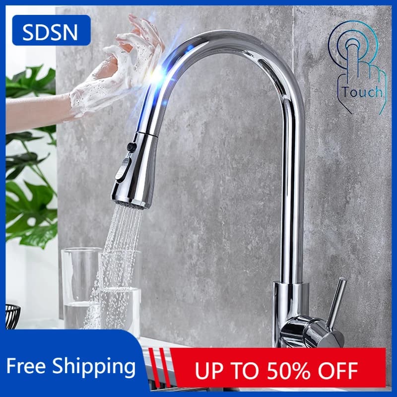 Rubinetti miscelatori da cucina Chrome Touch Rubinetto in acciaio inossidabile 304 Rubinetto miscelatore per lavello da cucina estraibile caldo freddo Sensore Touch on Rubinetto da cucina
