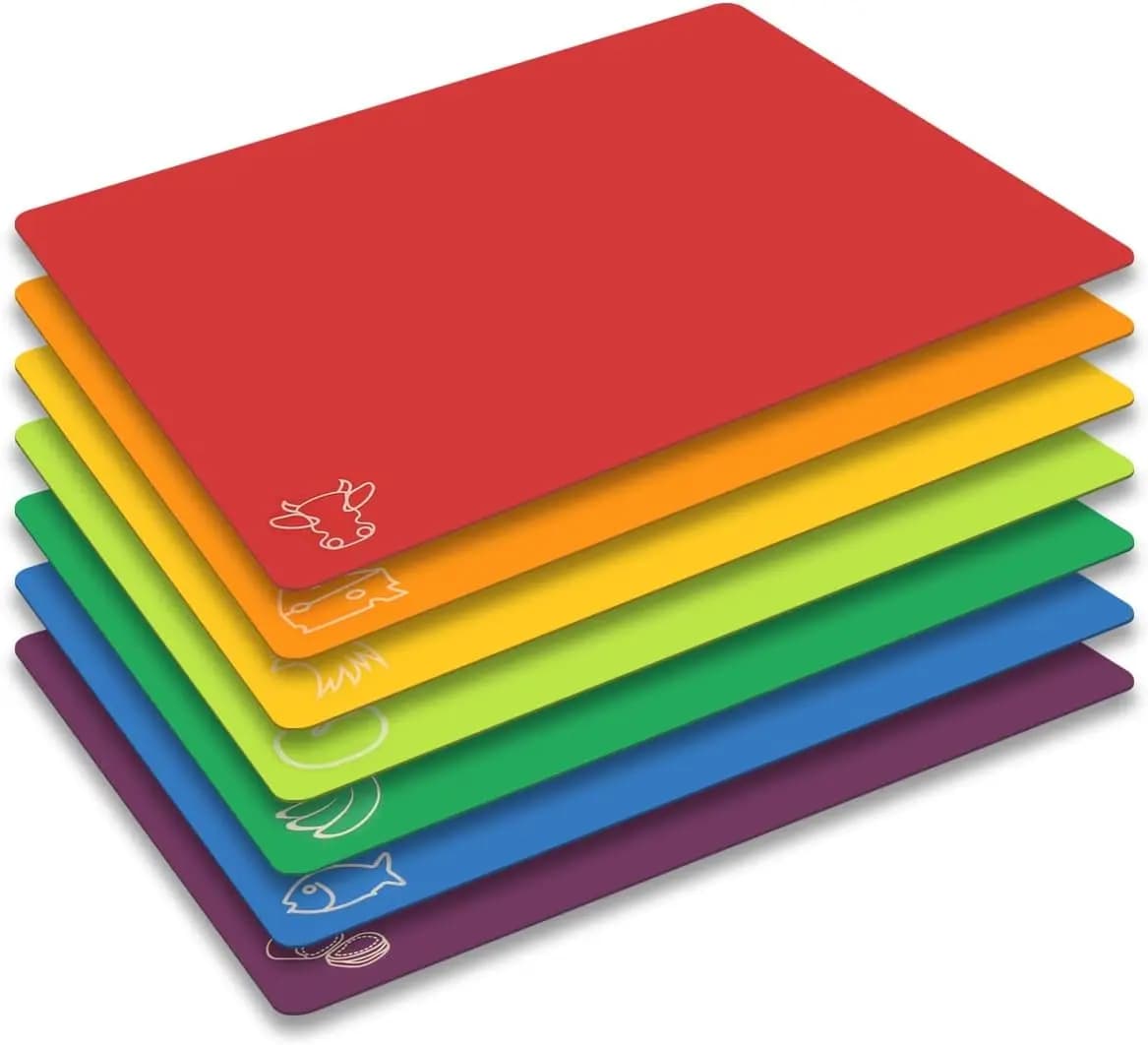 Cutting Board Mats Flexible Plastic Colored Mats with Food Icons, BPA-Free, Non-Porous, Anti-skid back and Dishwasher Safe, Set