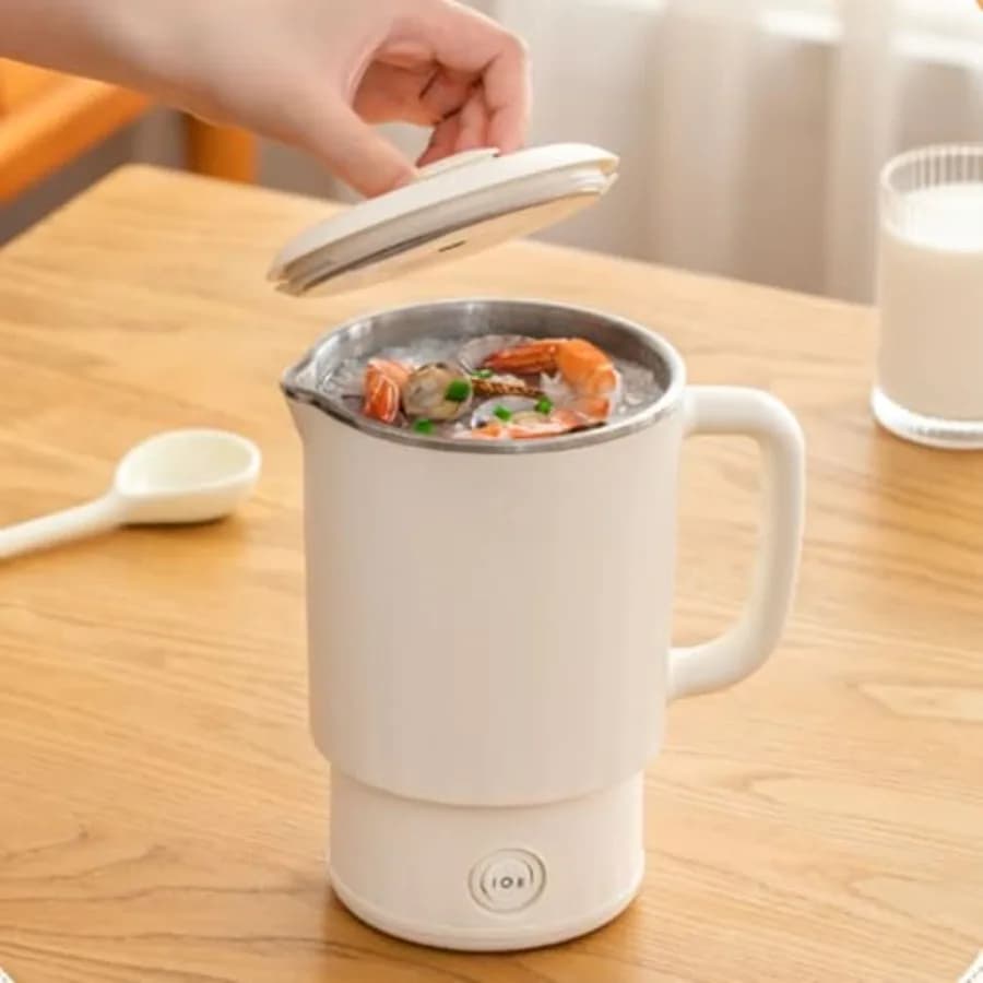 Bollitore Elettrico Portatile 600ml, Bollitore da Viaggio Pieghevole in Acciaio Inox, Preparatore di Tè, Montalatte, Macchina per Caffè con Controllo della Temperatura