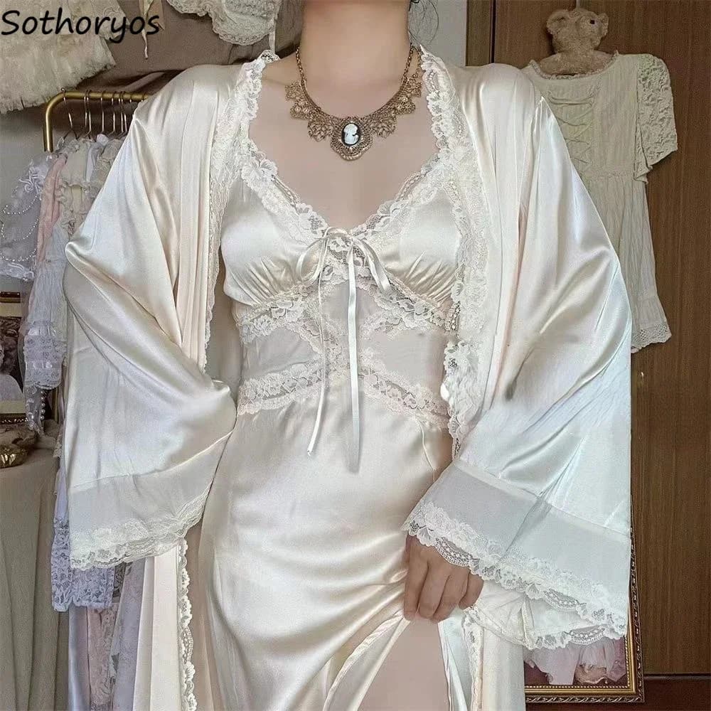 Women's silk dressing set, delicate lace design, elegant nightwear, delicate on the skin, French style, daily aesthetics, female living room for the house