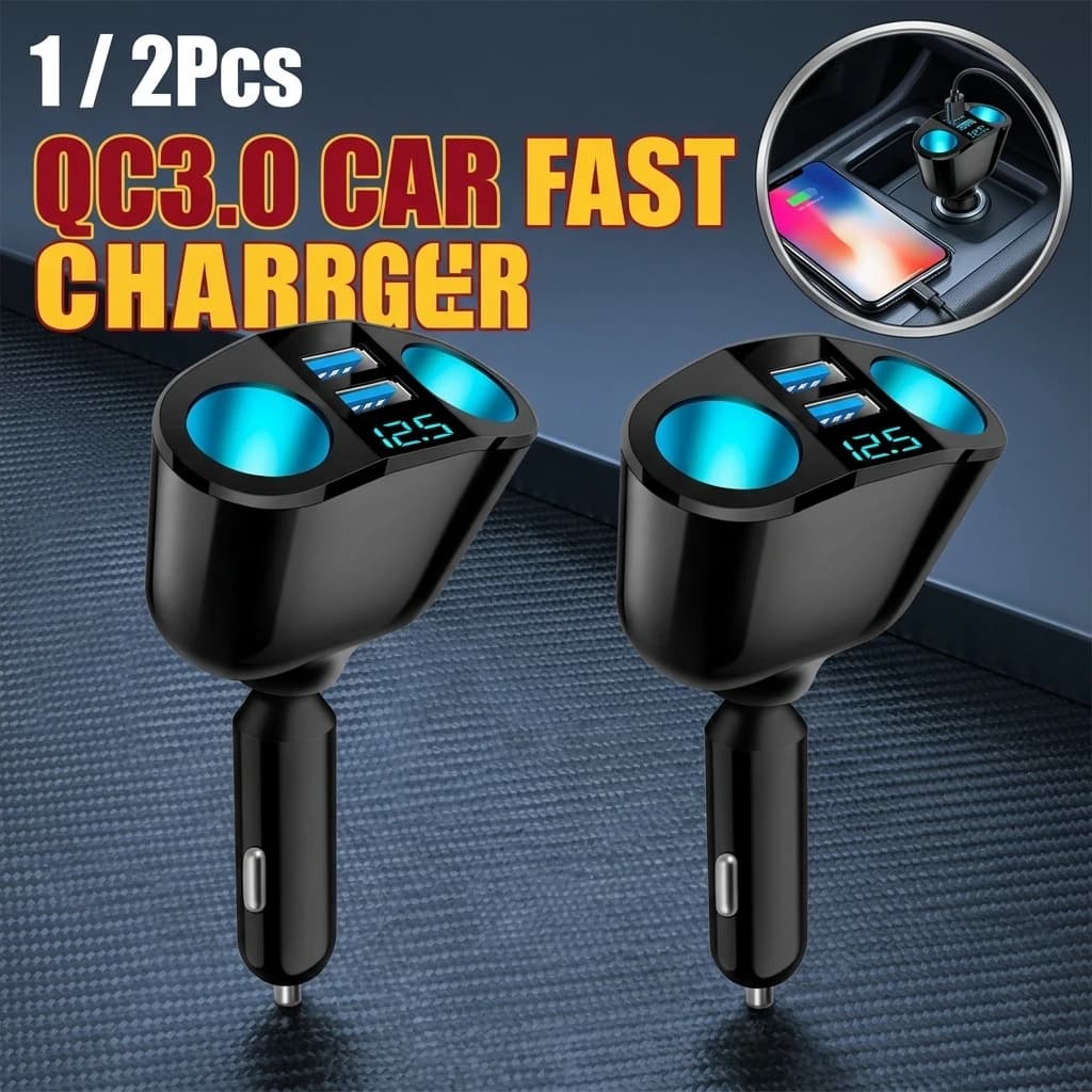 Car Cigarette Lighter 12V-24V Socket Splitter Blue Atmosphere Light PD QC3.0 2 USB Charger C Ports For Mobile Phone DVR Chargers