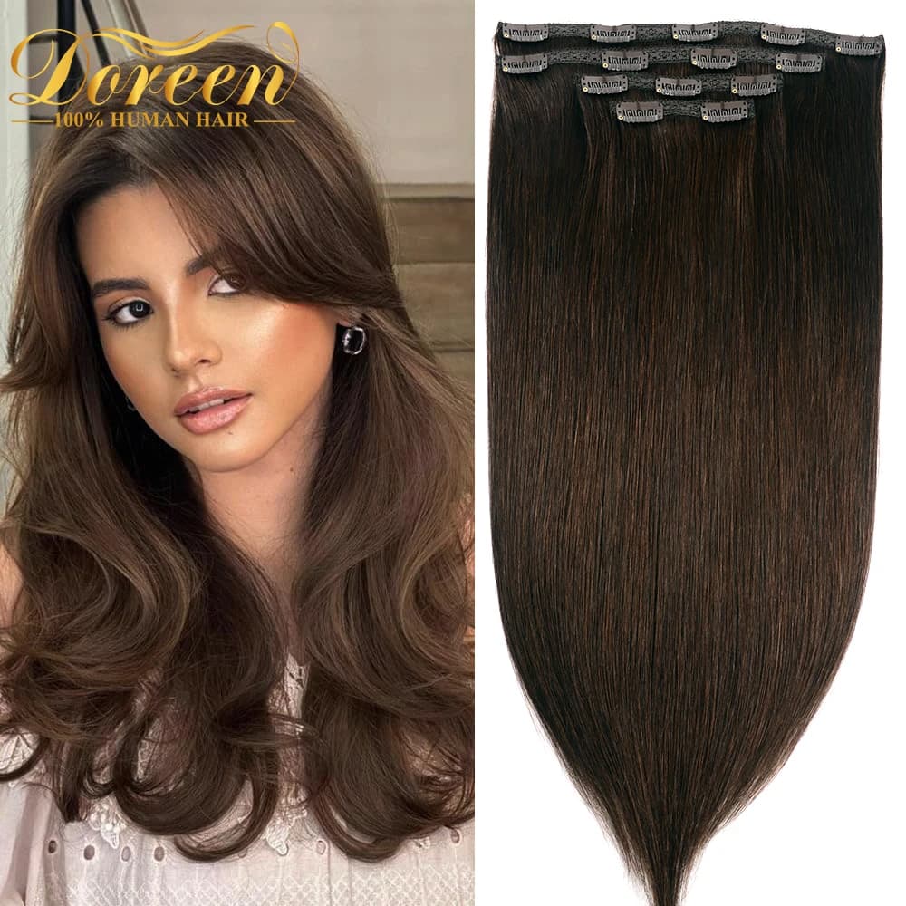 Doreen 100% real human hair clip in the extensions machine Remy clip hair extension 4 pcs/set 120g 160g dark brown texture with clip on
