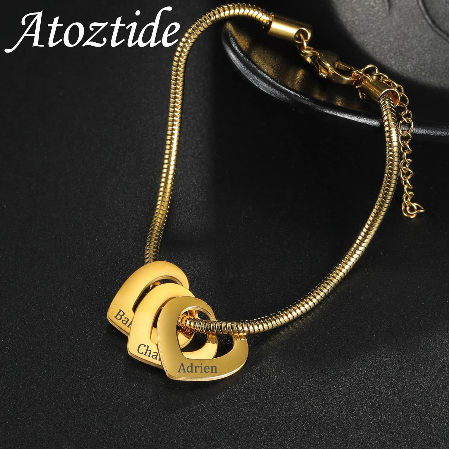 Atoztide personalizzato personalizzato cuore nome braccialetto in acciaio inox per donna uomo incidere lettera rotonda serpente catena gioielli regalo