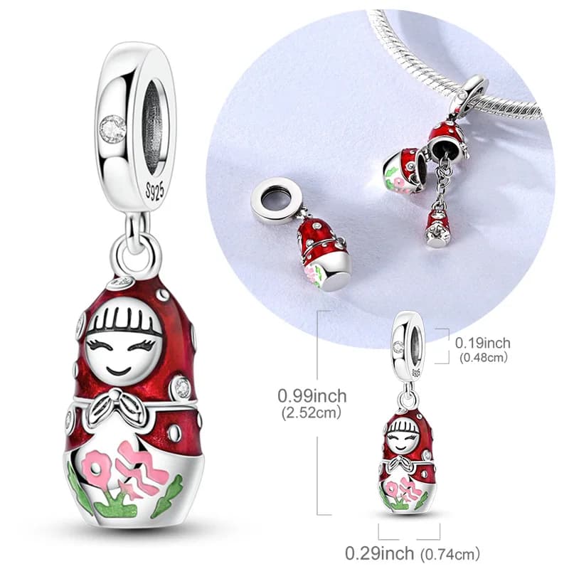 Ciondolo originale in argento sterling 925 con perline apribili, ciondolo bambola nidificante rossa russa, adatto per bracciale originale, collana, accessori fai da te