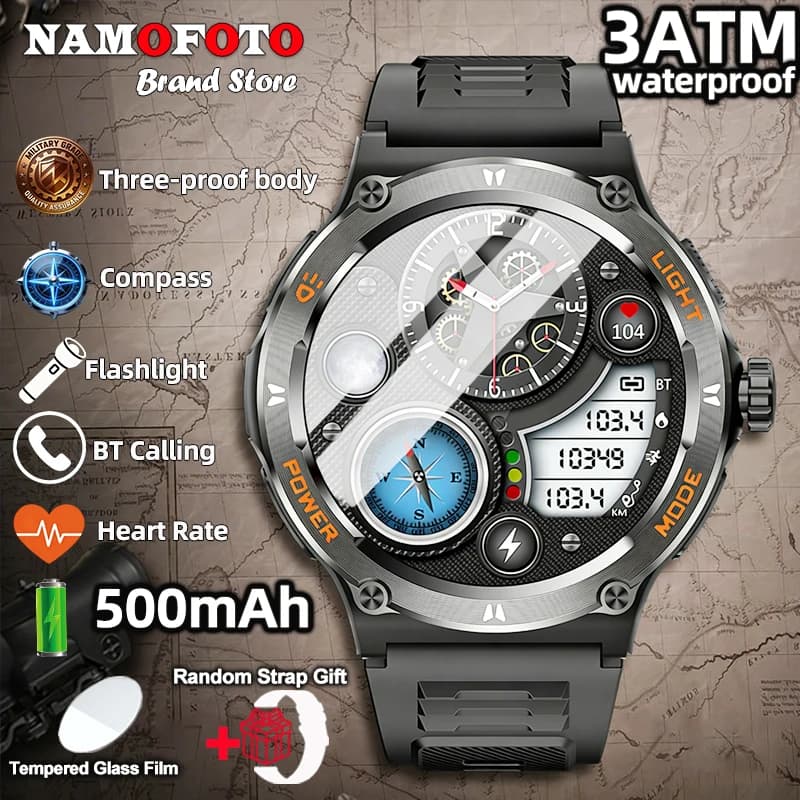 Nuovo Smartwatch 2026 per Uomo, Orologio Sportivo da Esterno con Bussola, Impermeabile 3ATM, Torcia Potente, Chiamate BT, Cardiofrequenzimetro, Batteria 500mAh