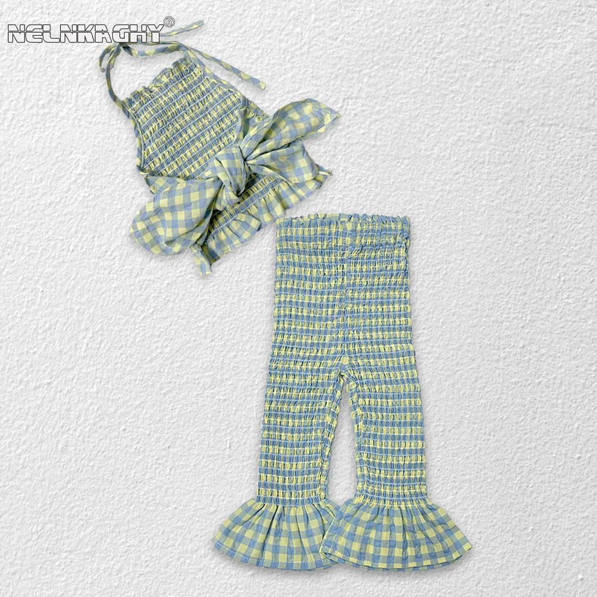 2023 estate nuovo in Set di abbigliamento 2 pezzi per neonate: canotta con scollo a barchetta pieghettata + pantaloni svasati In bambini moda per bambini 2-7Y
