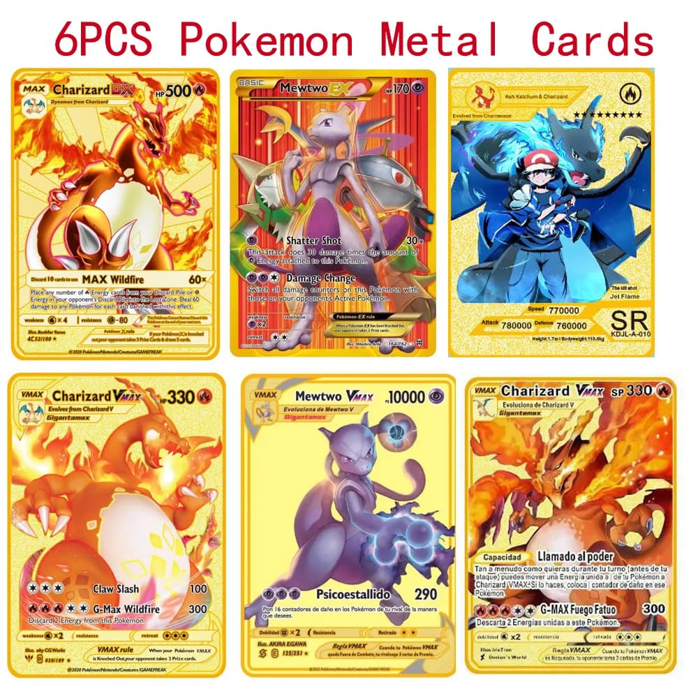 Carte Pokémon Vmax Vstar GX V in Inglese, Carte Metalliche Anime di Charizard, Mewtwo, Blastoise, Carte da Collezione con Lettere Lucide, Gioco e Giocattolo