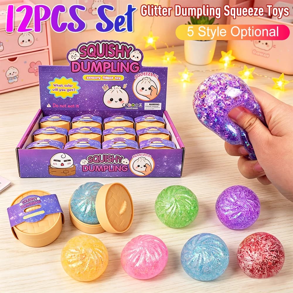 New 12pcs Set Glitter Dumpling Squishy with Box Dumplings Sensory Squeeze Toy for Stress Relief Fans Gifts for Adults And Kids