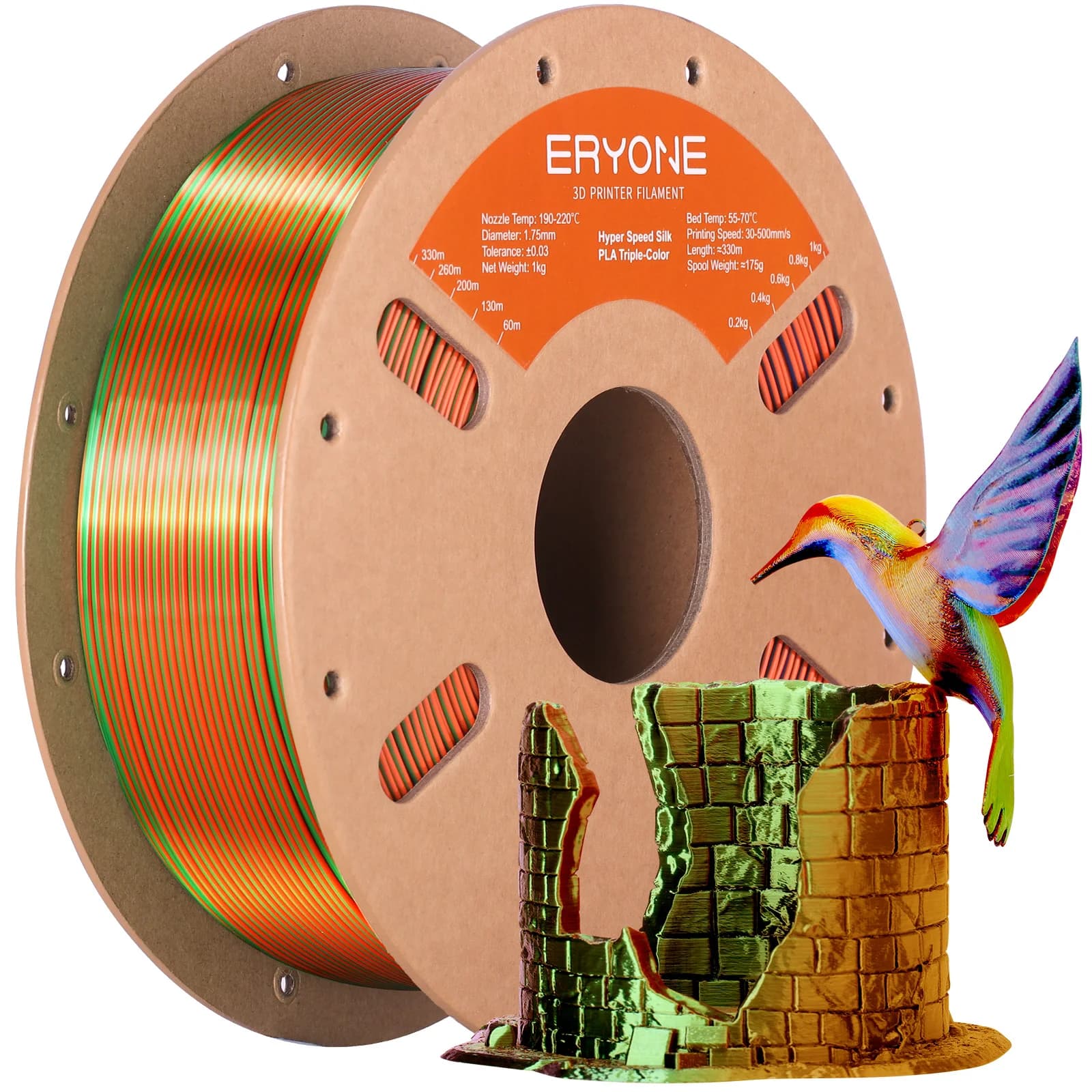 ERYONE 1/5KG High Speed Silk Filament Triple Color 1,75mm 3D Print Multicolor Available, Maximum print 500 mm/s, 1 kg/bobin