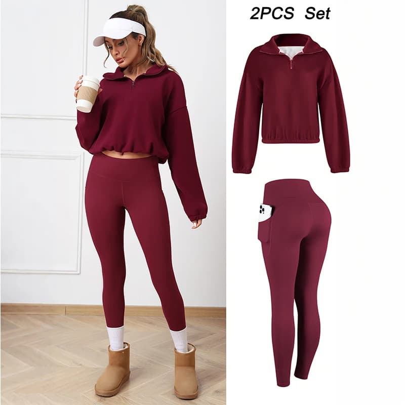 Set da yoga termico da 2 pezzi Tuta da fitness in pile Set sportivo da donna Felpa pullover in pile con leggings non foderati in pile