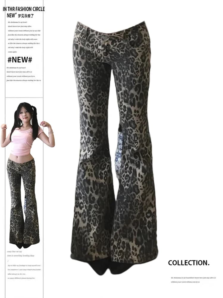 Women's Jeans with Leoped Print Low Life American Retro Gyaru Coquette Japanese Y2k years 2000 High Street Harajuku Goth