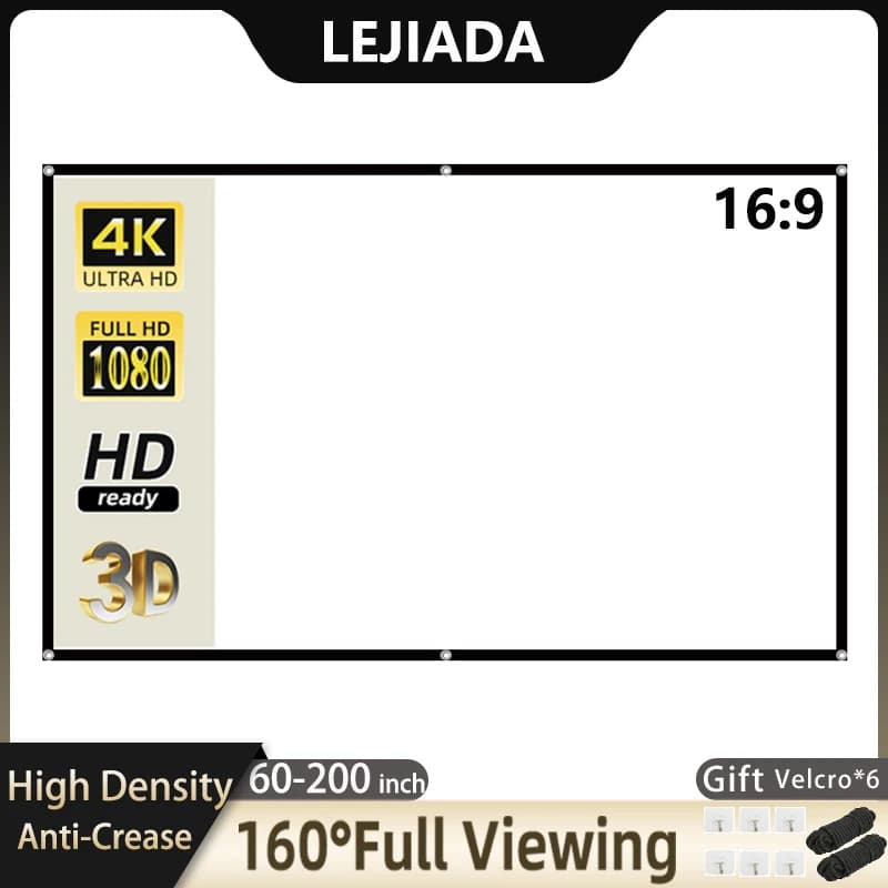 Schermo per proiettore LEJIADA bianco anti-piega 60-200 pollici 16:9 Schermo per proiezione pieghevole portatile morbido ad alta densità per film all'aperto