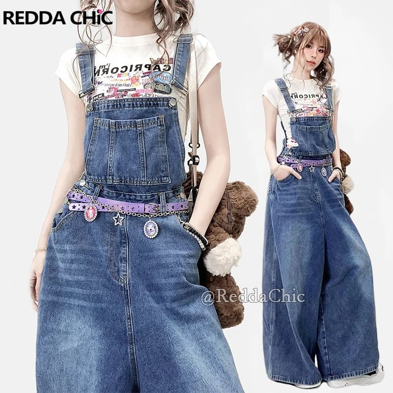 REDDACHiC Women's Long Jeans Suit Large fit Adjustable straps Pockets with straps Straight Legs Wide jeans suit Korea Streetwear