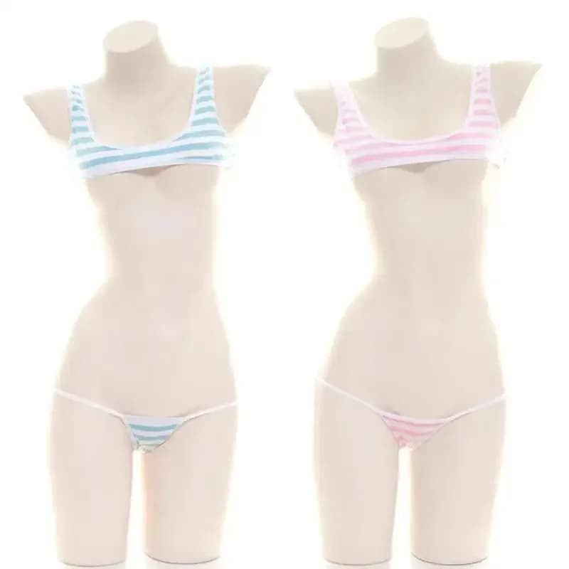 Swimwear blue and white striped bikini 2026, micro striped bikini set with American lacing, Lolita Kawaii swimsuit without back with lace.