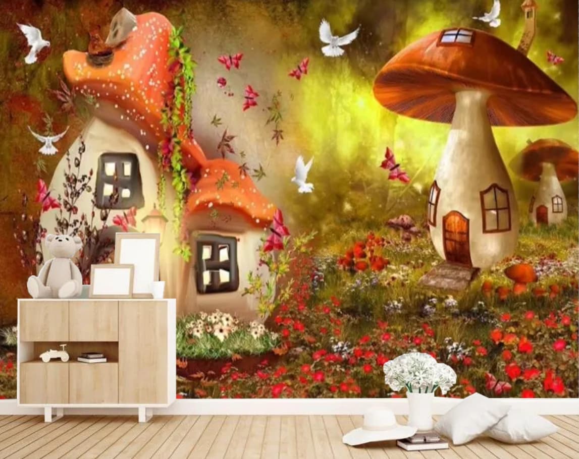 Carta da parati personalizzata con disegni di cartoni animati per bambini, murales da parete con foresta, casa dei funghi, cervo, piccione bianco, carta da parati con fiori