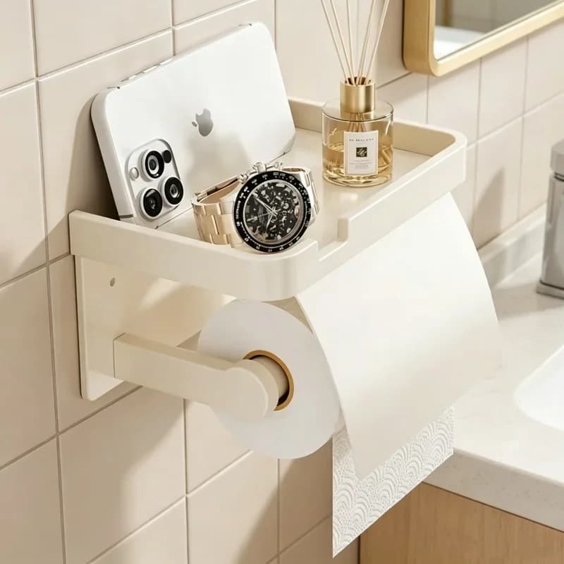 Portarotolo da parete bianco crema, design senza fori, pratico portaoggetti per bagno e toilette, uso quotidiano.