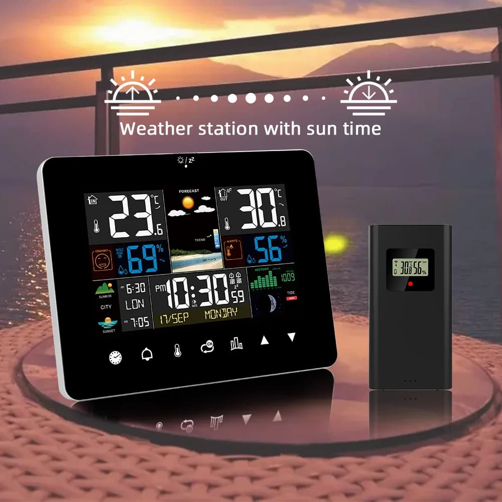 Stazione meteorologica multifunzionale Sveglia Touch Screen Termometro Igrometro Sensore wireless Alba Tramonto Igrotermografo