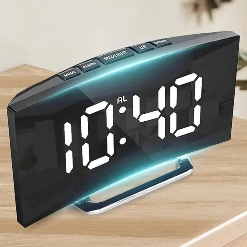 Watch with Curved Screen Digital LED Alarm Clock with Temperature Display Large Mirror Watch Snooze Bedside Watch Room Decoration