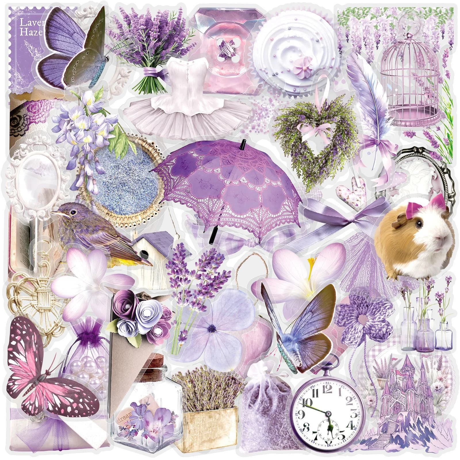 50 Pezzi Adesivi Trasparenti Impermeabili con Fiori Viola Romantici, Decorazioni Fai-da-Te per Cover Telefono e Bottiglie d'Acqua, Adesivi in PET