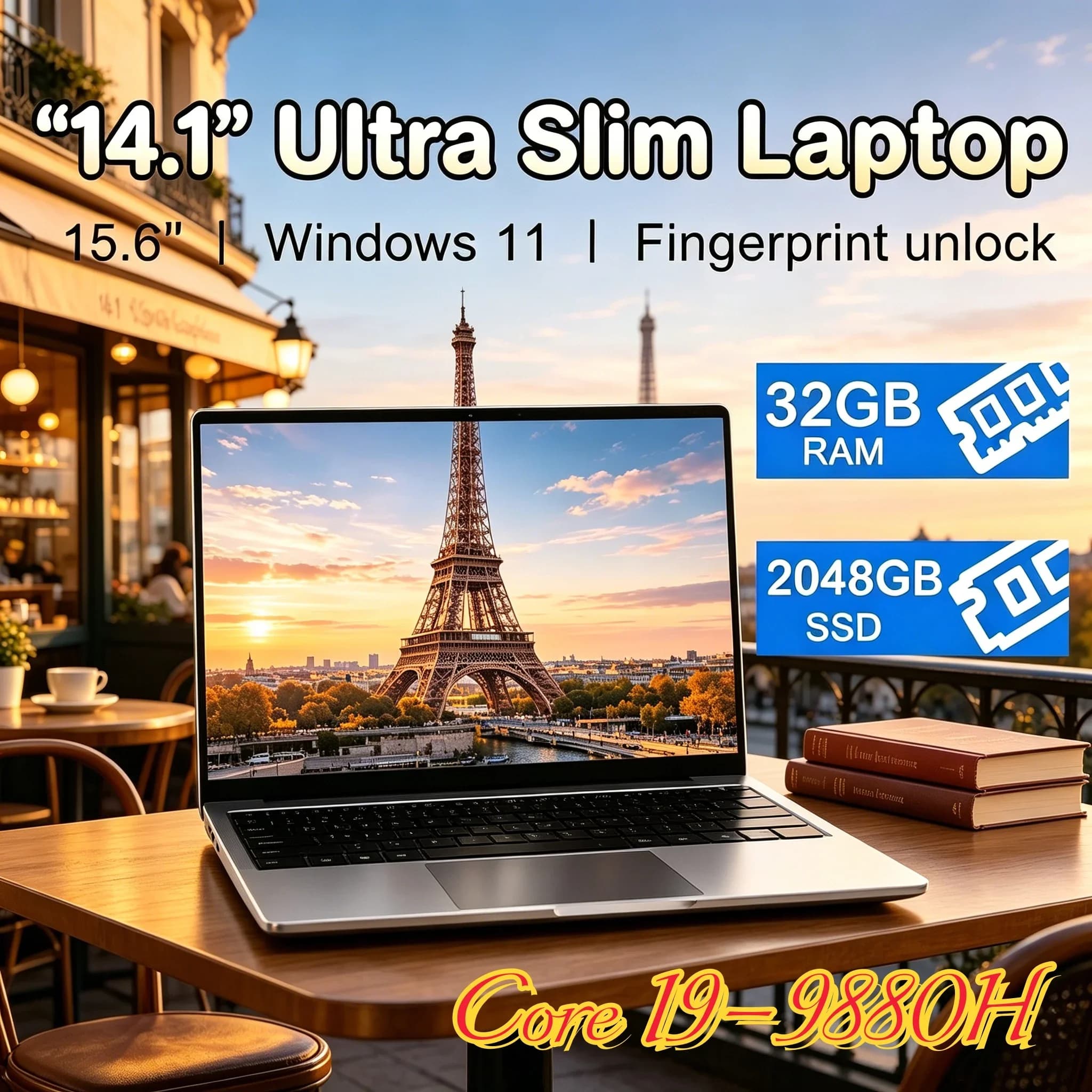 Notebook PC Premium da 14,1 pollici con processore Intel Core I9‑9880H, 32 GB di RAM, ampio SSD da 2 TB, Windows 11, laptop da gaming e ufficio ultrasottile