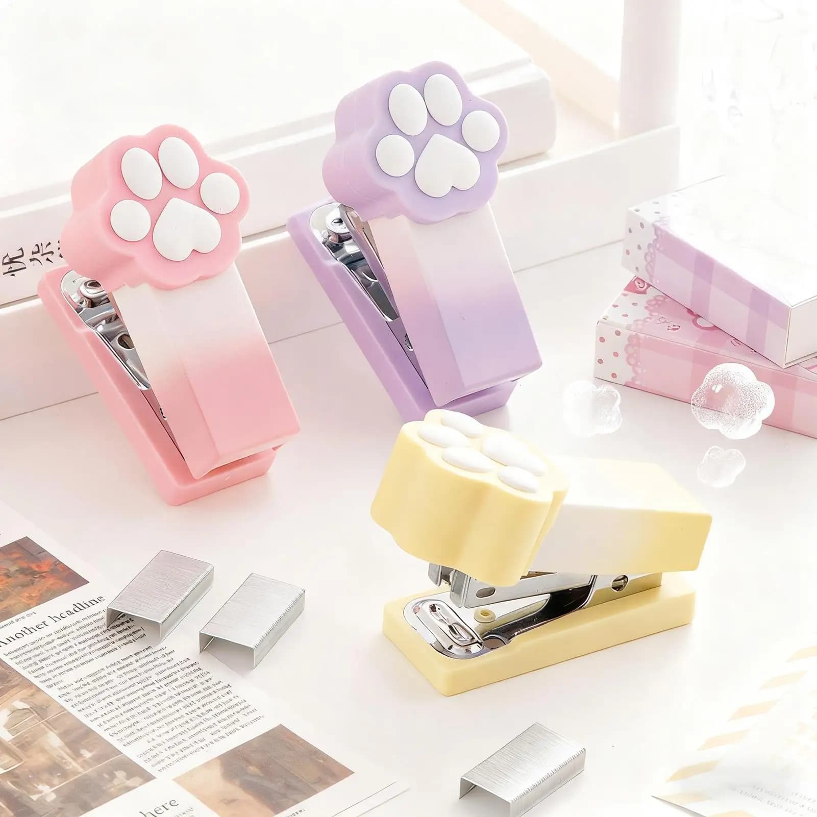 nuova mini cucitrice per zampa di gatto cucitrice da tavolo carina per 2-15 fogli, cucitrice tascabile portatile per bambini studenti ufficio scuola