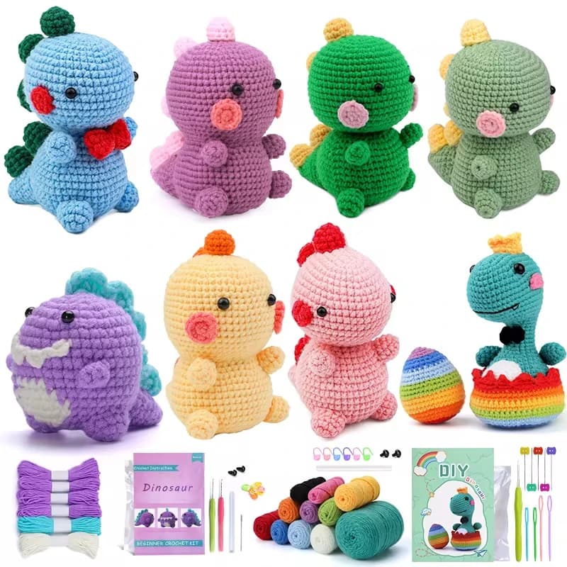 Fenrry Ornamenti per bambole a forma di dinosauro Set completo di borse in materiale lavorato a maglia all'uncinetto fatte a mano in lana all'uncinetto fai da te