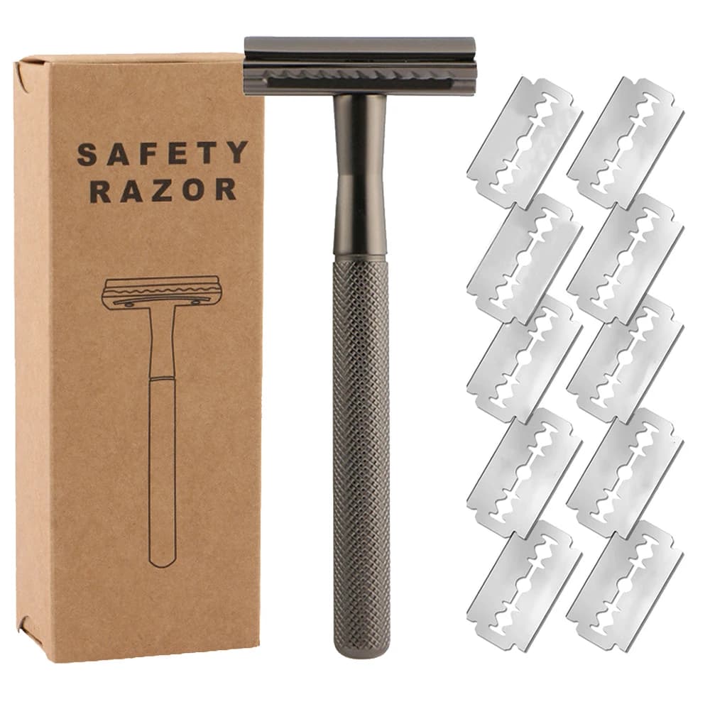 Safety razor with brass weighted handle and 5 double edge safety blade refills, single blade shaver for man, designed for coarse